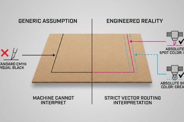 Corrugated cardboard: CMYK Visual Black vs. Absolute Spot Color Magenta (cut), Cyan (crease) for machine routing.