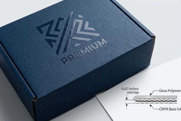海军蓝盒子,带有光泽的Premium标志,显示0.02英寸光泽聚合物重叠在CMYK底墨上,用于局部UV。.