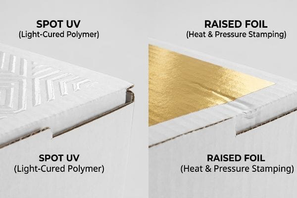 Spot UV light-cured polymer with a transparent glossy pattern compared to raised gold foil heat-stamped on white corrugated board.