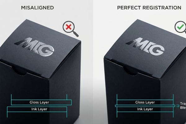 Two black boxes illustrate Spot UV registration: a misaligned MIG logo with separated gloss and ink layers versus perfect registration showing trapping bleed.