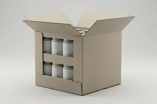 Caixa de papelão ondulado marrom claro com divisórias modulares integradas, comportando várias latas vazias, demonstrando uma embalagem pronta para exposição em prateleiras para reabastecimento eficiente.
