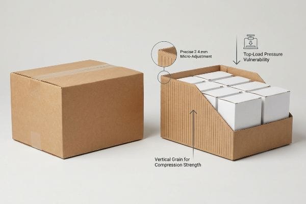 Brown corrugated SRP case with Vertical Grain for Compression Strength and 2.4 mm Micro-Adjustment, showing Top-Load Pressure Vulnerability.