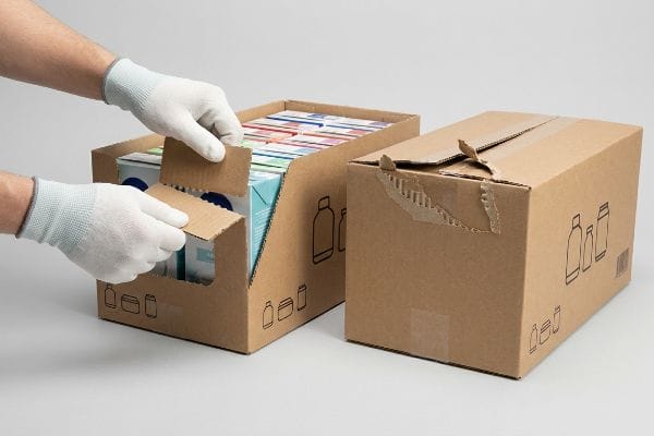 White-gloved hands open cardboard SRP packaging along its perforation, revealing beverage cartons, next to a closed unit.