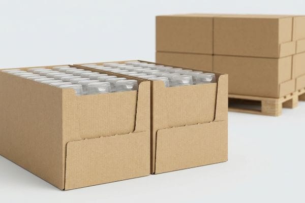 Corrugated shelf-ready packaging trays with clear containers, beside stacked shipping boxes on a wooden pallet.