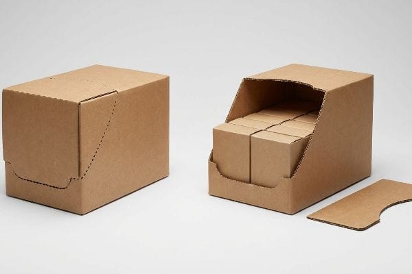 Caixa de papelão ondulado marrom natural SRP mostrando uma caixa de transporte fechada com perfurações e uma caixa de exposição de varejo aberta com produtos.