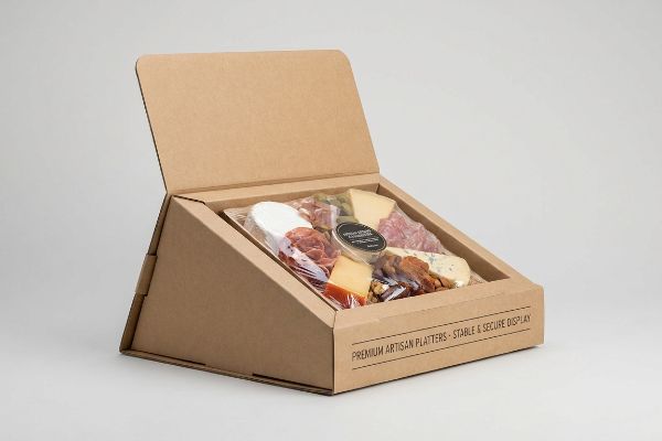 Brown corrugated cardboard display box showcases a Premium Artisan Platter with cheeses, meats, and nuts, ensuring a Stable & Secure Display.