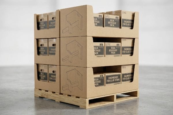 Corrugated cardboard pallet displays, stacked on a wooden pallet, feature internal boxes labeled