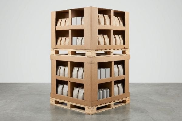 Stacked corrugated cardboard club store displays on wooden pallets, featuring kraft bags and silver cans.