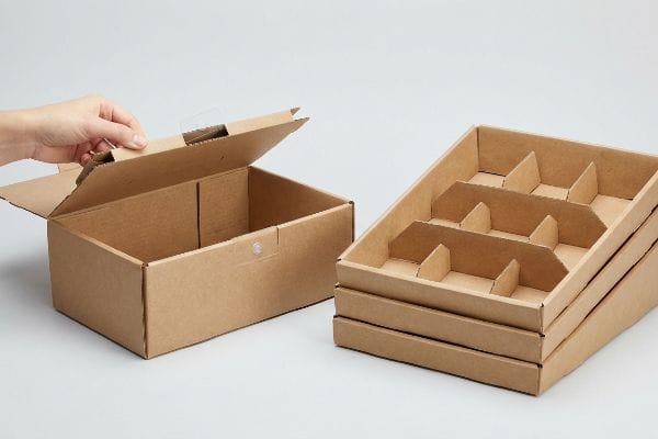 Brown corrugated cardboard retail inserts stacked next to a hand opening a shipping box with internal dividers, showcasing shelf-ready packaging solutions.