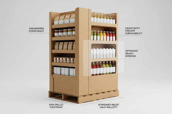 Brown corrugated grocery endcap display highlights Engineered Compliance, Heavy-Duty Freight Survivability, and an Optimized Reach Window, resting on a Standard 48x20