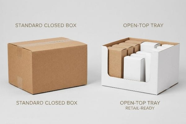 Brown corrugated cardboard Standard Closed Box next to a white Open-Top Tray, Retail-Ready, filled with smaller product boxes.