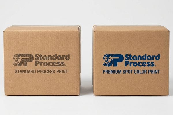 Two brown corrugated boxes display Standard Process Print in brown and Premium Spot Color Print in vibrant blue.