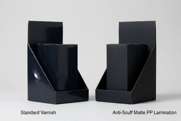 Scuffed dark display with Standard Varnish next to a pristine Anti-Scuff Matte PP Lamination display.