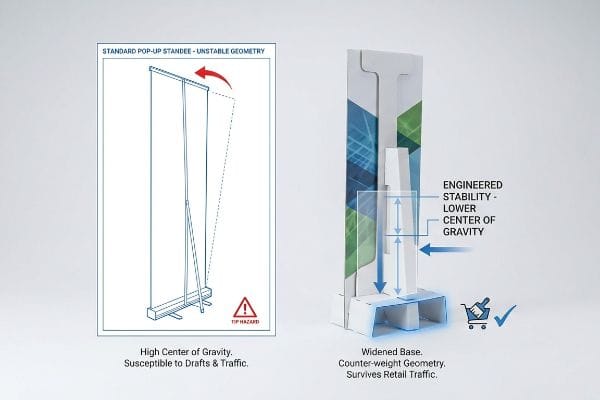 A comparison diagram showing an unstable standard pop-up standee with high center of gravity versus an engineered standee featuring a widened base and lower center of gravity for retail stability.