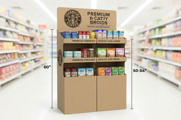 Corrugated cardboard Starbucks Coffee retail display, 60 inches tall, showcasing Premium Catiy Brods products in the 50-54 inches strike zone.