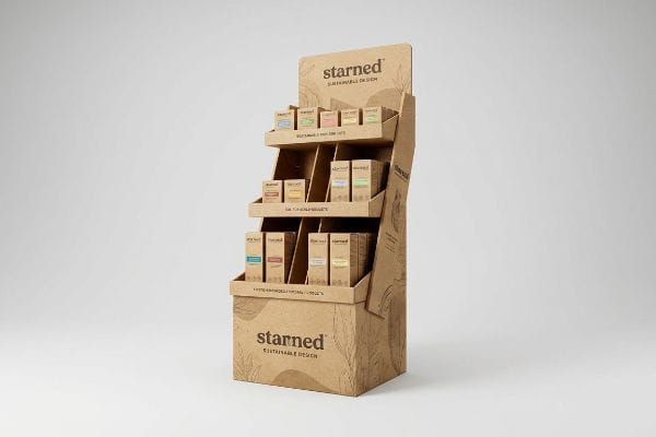 A three-tier Starned retail display, crafted from sustainable cardboard, showcases various product boxes with 'Sustainable Design' branding.