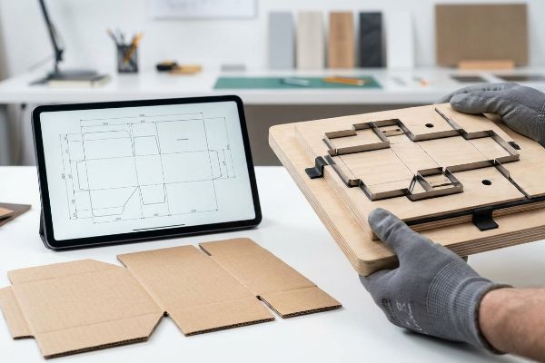 Behandschuhte Hände halten eine Stahlstanze für einen Karton, daneben ein Tablet mit der digitalen Vorlage und flache Wellpappe.