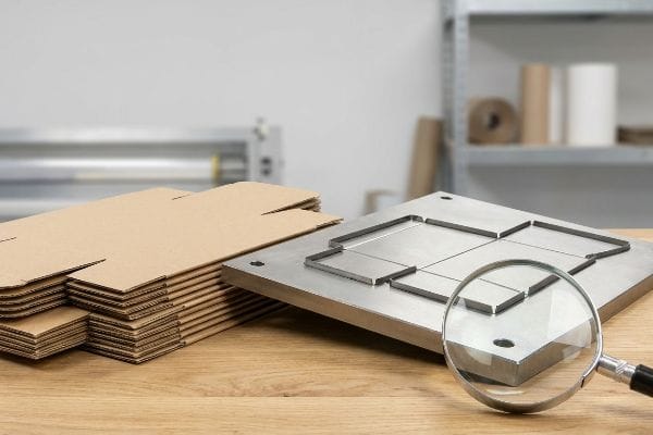 A magnifying glass rests on a steel rule die next to a stack of unfolded brown cardboard box blanks, ready for die-cutting.