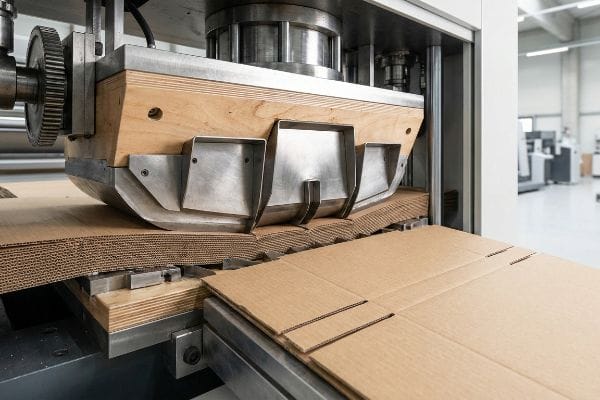 A steel rule die with a creasing matrix presses into corrugated cardboard sheets, forming precise folds.