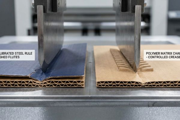 Corrugated board creasing: Calibrated Steel Rule smashing flutes on blue, Polymer Matrix Channels for Controlled Crease on brown.