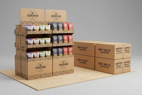 Natural brown corrugated Stonefrayed bulk merchandisers and shipping boxes, labeled Half Pallet 48x20 Inches and Quarter Pallet 24x20 Inches, for pop-up store displays.