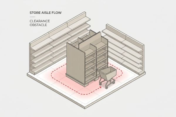 An isometric diagram depicts store aisle flow, highlighting a clearance obstacle from a central display and shopping cart.
