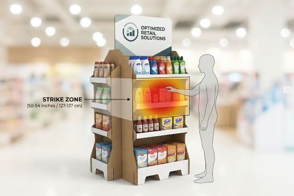 Cardboard point of purchase display illustrating the 50-54 inch Strike Zone with a heat map, showing a shopper interacting with products under an Optimized Retail Solutions sign.