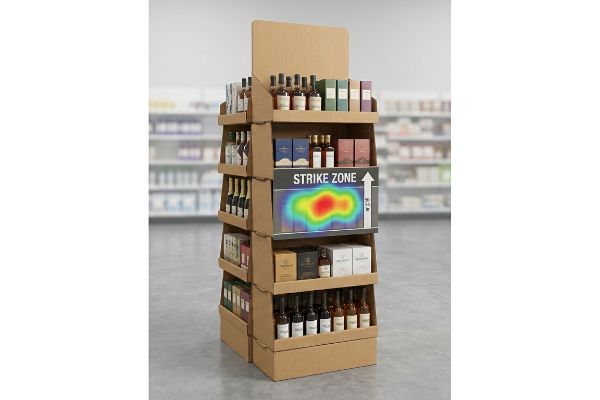 Kraft cardboard endcap display with Strike Zone heatmap, featuring multi-tiered shelves of bottles and product boxes.