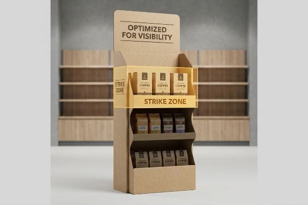 Verkaufsdisplay aus Kraftkarton mit der Aufschrift „Optimized For Visibility“ und einem Regal mit der Aufschrift „Strike Zone“ auf Sichtlinie des Betrachters, auf dem Kaffeetüten präsentiert werden.