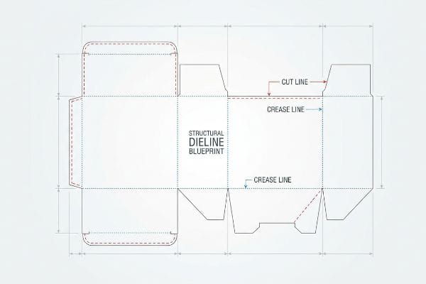 A detailed structural dieline blueprint for packaging, showing solid cut lines and dashed crease lines with measurement indicators, labeled