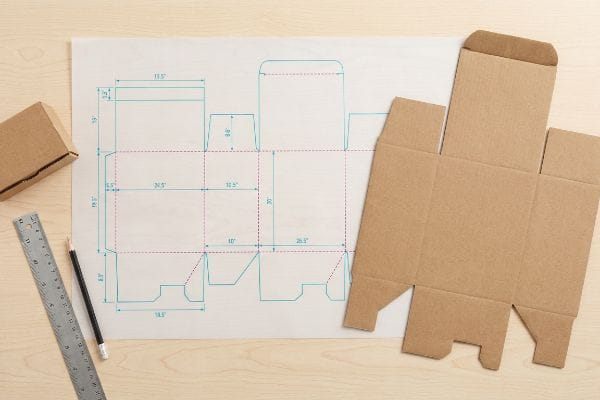 A workspace shows a cardboard dieline blueprint with dimensions, a flat unassembled box, and a small brown box.