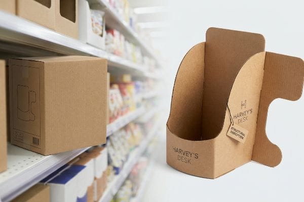 Brown corrugated die-cut display from Harvey's Desk, featuring a Structural Disruption tag, contrasting with a plain retail box on a shelf.