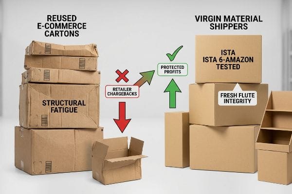 Brown corrugated boxes contrasting Reused E-Commerce Cartons with Structural Fatigue and Retailer Chargebacks against Virgin Material Shippers, ISTA 6-Amazon Tested for Fresh Flute Integrity and Protected Profits.