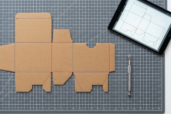 Kraft cardboard structural packaging die-line on a cutting mat, with vector lines, a tablet, and a craft knife.