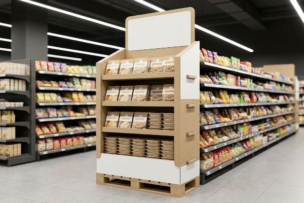 Supermarket aisle with a cardboard retail display on a wooden pallet, showcasing product packages and round containers, topped by a blank sign.