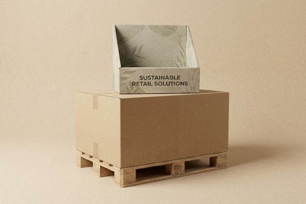 Sustainable corrugated display box, 'Sustainable Retail Solutions' text, leafy pattern, on shipping box and wooden pallet.