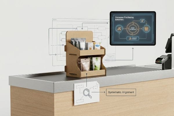 Cardboard POS display on checkout counter, with tablet showing 'Consumer Purchasing Behaviors' and 'Retail Framework', plus 'Systematic Alignment' note.