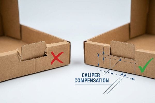 Corrugated trays show Caliper Compensation: incorrect tab (red X) vs. engineered slot (green check) with lines.