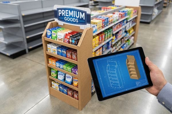 A hand holds a tablet with a blueprint of a corrugated endcap display, beside a 'Premium Goods' display filled with products in a retail store.