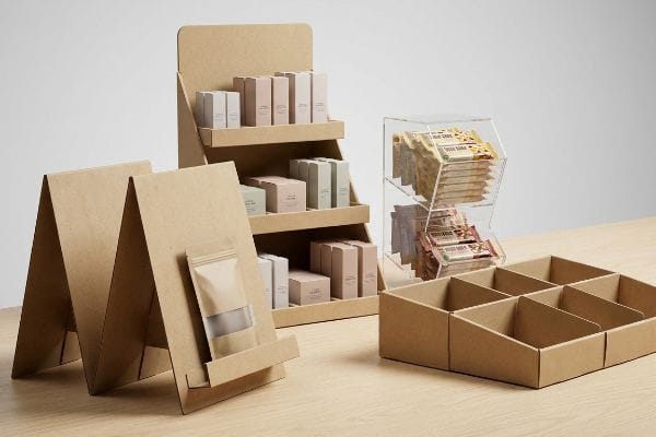 Various tabletop display stands, including kraft paper tiered shelving, an easel merchandiser with a pouch, an acrylic gravity feed dispenser holding Super Snack bars, and a modular tray.