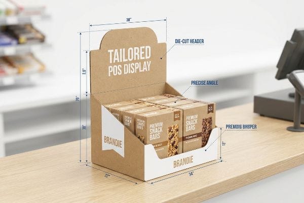 A custom corrugated countertop display for Brandie Premium Snack Bars, featuring a die-cut header with 