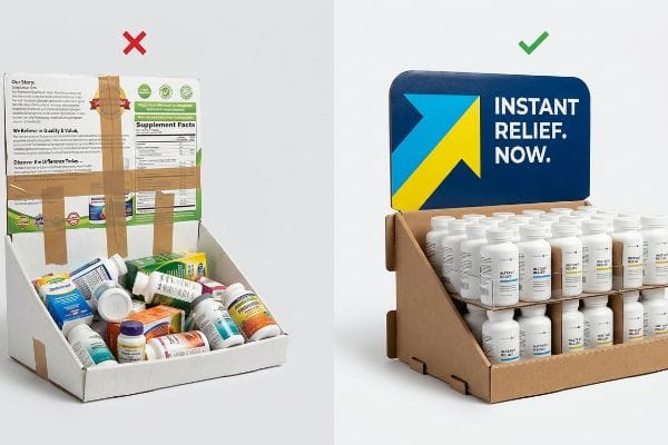 Two corrugated point-of-purchase displays: a cluttered, taped one with 'Supplement Facts' and a clean one with 'Instant Relief. Now.' text.