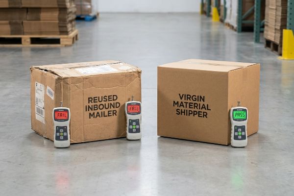 صناديق الكرتون المموج في المستودع: فشل "مغلف البريد الوارد المعاد استخدامه" في اختبار TAPPI T811، بينما نجح "شاحن المواد الخام".