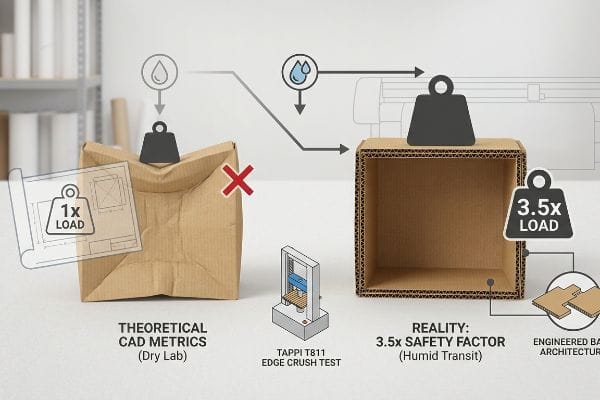 Corrugated box comparison: crumpled (Dry Lab CAD) vs. sturdy (3.5x Safety Factor, Humid Transit), with TAPPI T811 test.