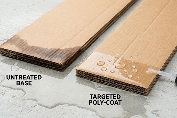 Comparaison de carton ondulé : la base non traitée absorbe l’eau, tandis qu’un revêtement polyéthylène ciblé repousse les gouttelettes, empêchant ainsi la remontée capillaire.