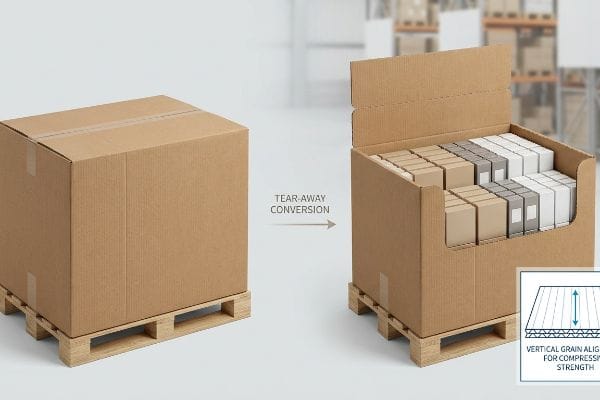 Corrugated shipping box converts to retail display via tear-away, showing vertical grain alignment for compressive strength.
