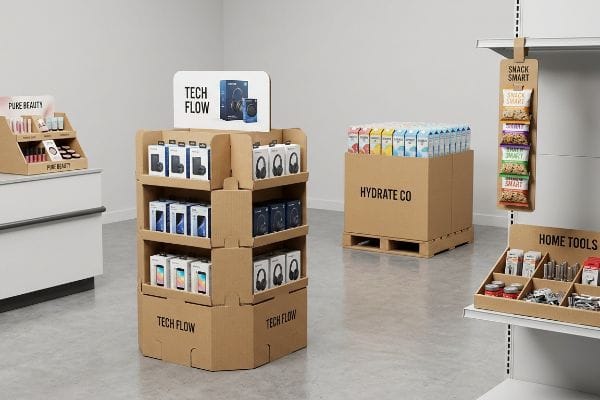 零售店内陈列着 Tech Flow 的瓦楞纸板独立式展示架（内含耳机和智能手机）、Hydrate Co 的托盘、Pure Beauty 的柜台展示架、Snack Smart 的夹条以及 Home Tools 的货架托盘。.