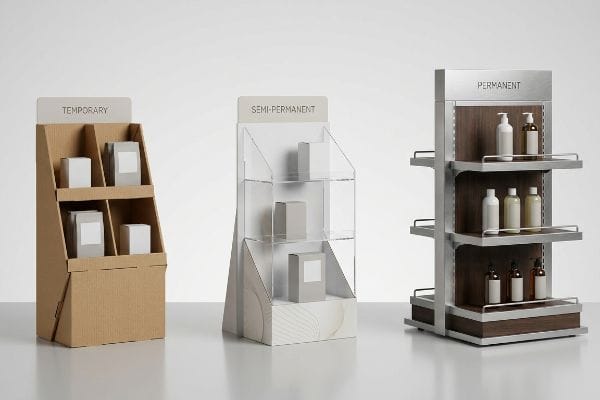 Three retail displays: Temporary corrugated cardboard, Semi-Permanent acrylic, and Permanent steel and wood fixture with product bottles.