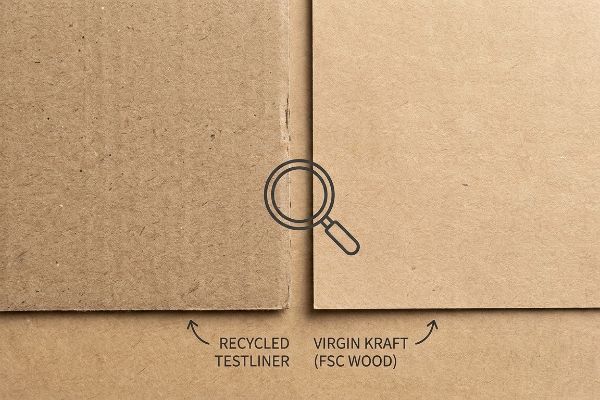 Close-up comparison of rough Recycled Testliner and smooth Virgin Kraft (FSC Wood) cardboard textures.