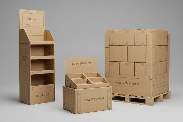 Kraft paper retail display types: a Floor Stand, Countertop Unit, and Pallet Merchandiser, showcasing Branding.